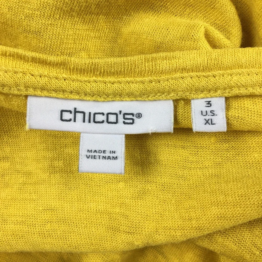 Chicos 100% Linen Yellow Top‎ XL Size 3 Fringe Trim  Boho Bright Summer Vacation